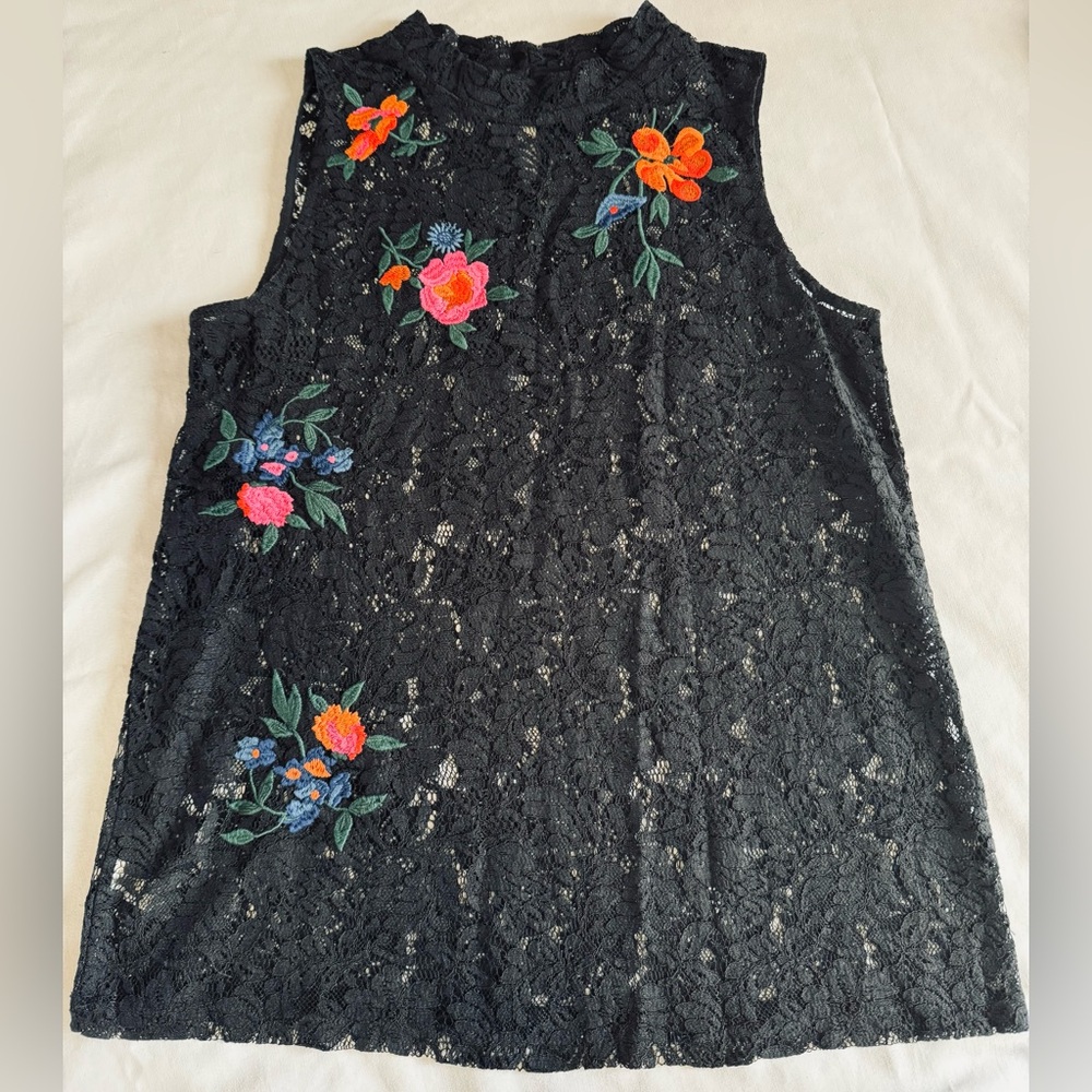 LOFT Black Lace Sleeveless Top with Colorful Floral Embroidery Size Medium